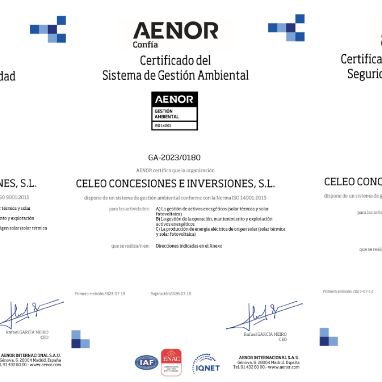Celeo España se hace con las certificaciones de Sistema de Gestión de Calidad, Medio Ambiente y de Salud y Seguridad en el trabajo