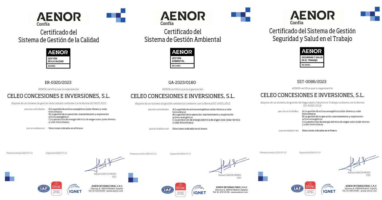 Celeo España se hace con las certificaciones de Sistema de Gestión de Calidad, Medio Ambiente y de Salud y Seguridad en el trabajo